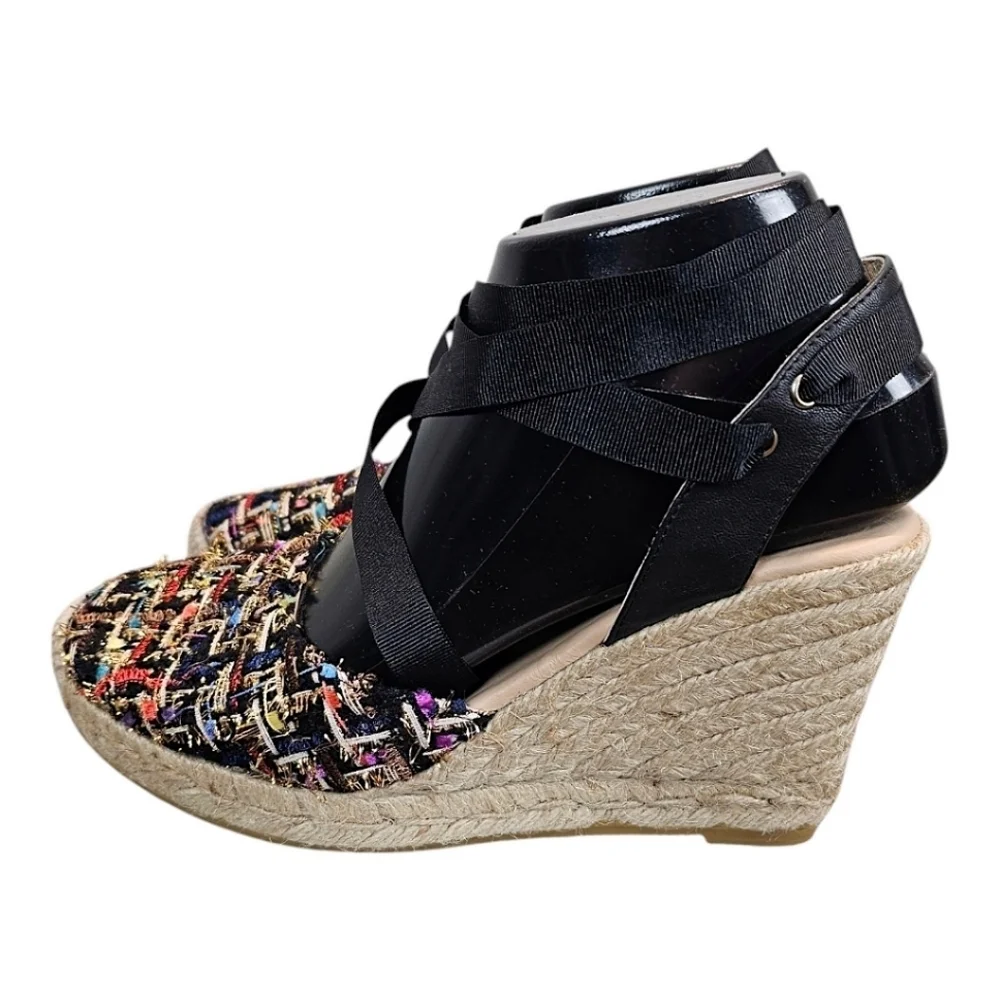 NEW! L.K. Bennett Tianna Black Tweed Espadrille Wedges Sz 37 7 Ankle Tie Preppy
